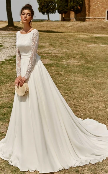 Modest A-Line Ball Gown Chiffon Lace Bateau Neck Wedding Dress with Sash