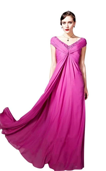 Cap-sleeved Long Gown With V-back and Beadings