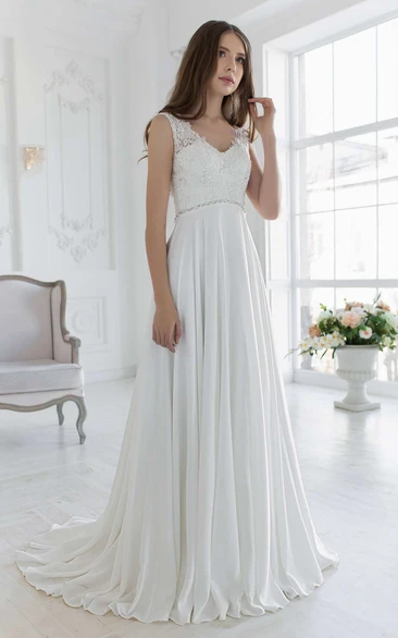 V-Neck Sleeveless Empire Chiffon Wedding Dress With Beading And Lace Top