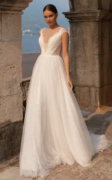 Bohemian A Line Tulle Court Train Bridal Gown with Ruching