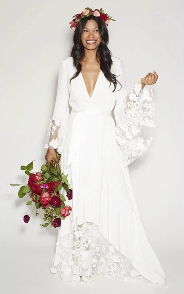 Modest Hippie Bohemian Wedding Dress Long Sleeve V-Neck Lace Beach Country Plus Size Bridal Gown