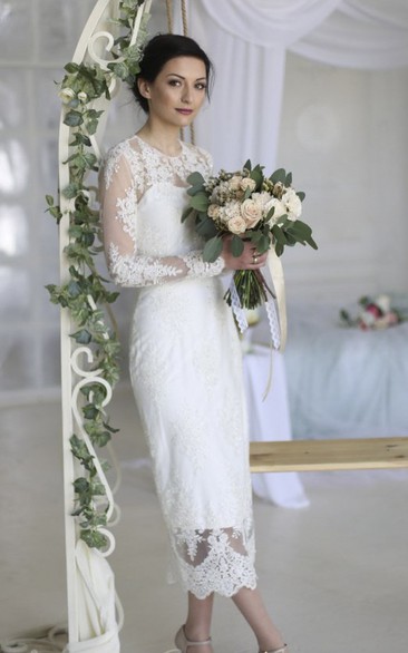 Illusion Lace Appliqued Sheath Ankle-length Wedding Dress With Split Back