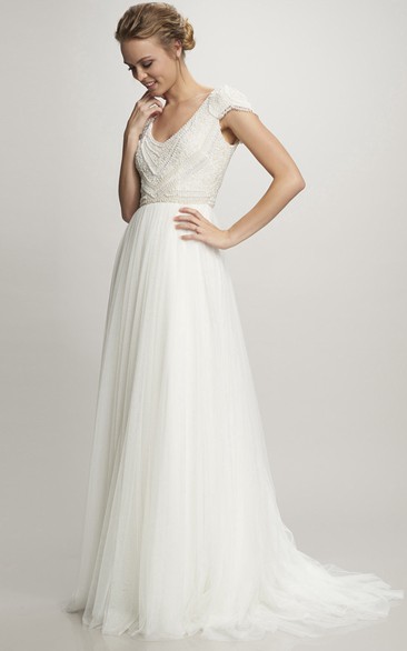A-Line Cap-Sleeve Maxi V-Neck Tulle Wedding Dress With Beading And V Back