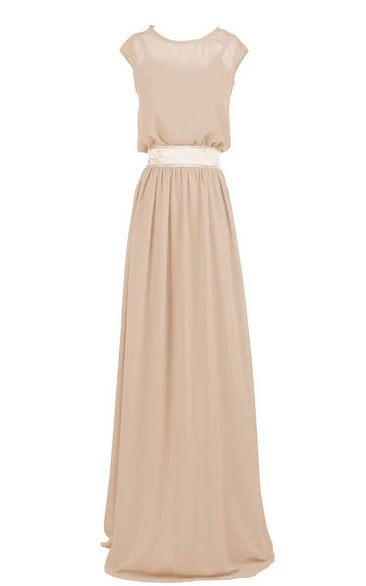 Cap-sleeved Long Chiffon Dress With Dropping