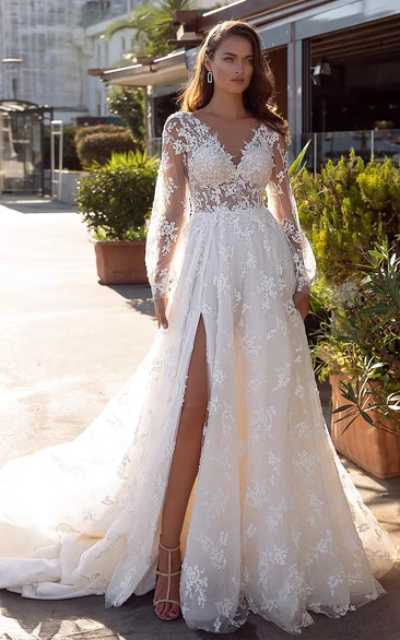 Romantic Lace V-neck A Line Ball Gown Chapel Train Wedding Dress with Split Front