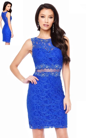 Pencil Short Scoop-Neck Sleeveless Lace Illusion Dress With Appliques And Beading