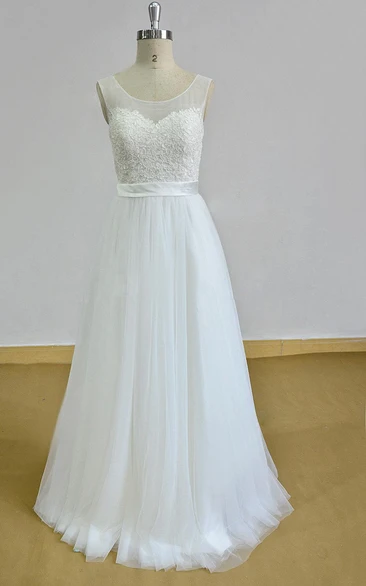 A-Line Tulle Lace Satin Weddig Dress With Illusion