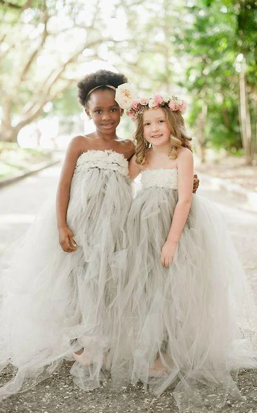 Romantic Strapless Tulle Girl Pageant Dress With Flowers