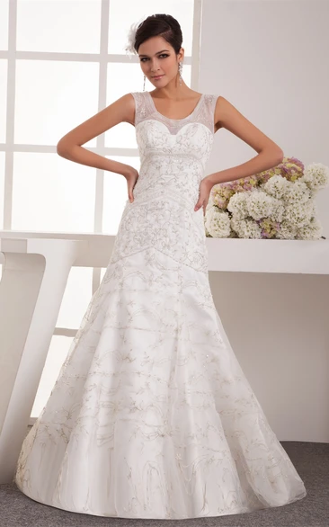 Sleeveless Embroidered A-Line Dress with Beading and Trumpet Silhouette