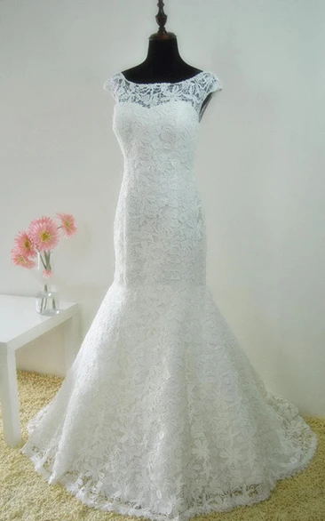 Bateau Neck Cap Sleeve Lace Wedding Dress With V-Back