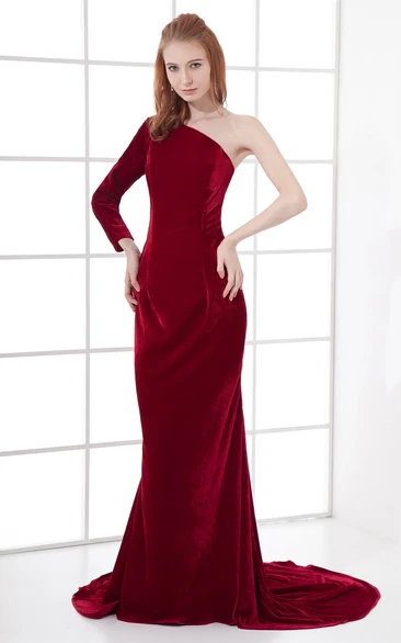 glam maxi sheath dress with one-sleeve design and brush train