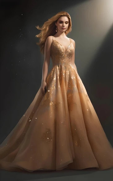 A-Line Ball Gown Sleeveless Tulle Sequins Evening Dress Princess Gold Prom Sexy Ethereal Modern V-neck Court Train