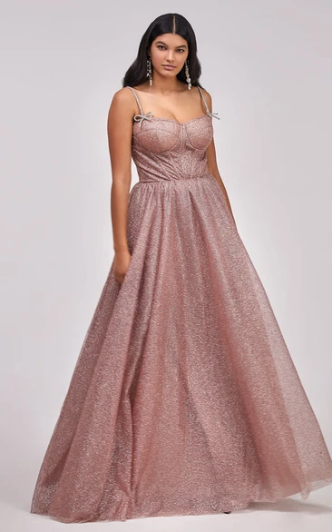 Casual A-Line Spaghetti Sequins Prom Dress With Open Back And Bow