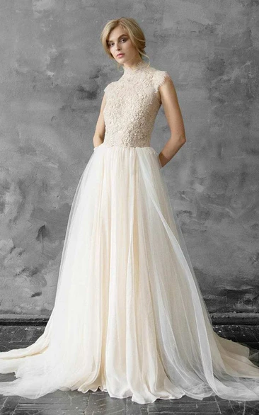 High Neck Tulle Lace Embroidered Wedding Dress