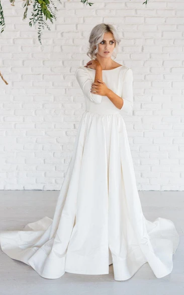 Modern Simple Long Sleeve A-Line Satin Wedding Dress With Open Back