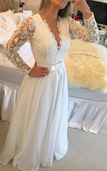 Elegant Long Sleeve Pearls Wedding Dresses A-Line Lace Floor Length
