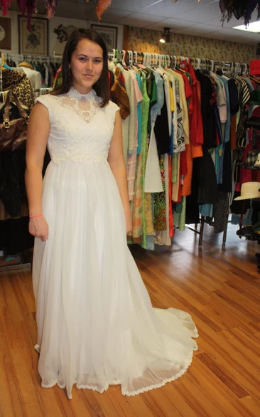 High Neck Cap Sleeve Tulle Wedding Dress With Lace Hemline