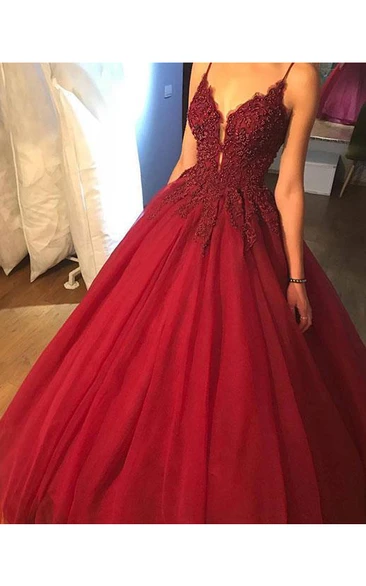 Red A line Lace Beaded V Neckline Long Evening Prom Dress