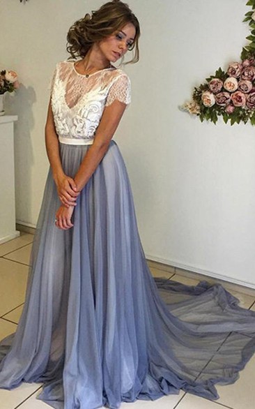 Scoop Neckline Cap Sleeves Chiffon Prom Dress with Lace Backless