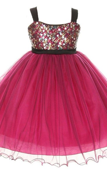 Sleeveless A-line Organza Dress With Sequins and Straps