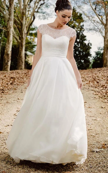 Romantic Lace Chiffon Bateau A Line Floor-length Deep-V Back Wedding Dress with Ribbon