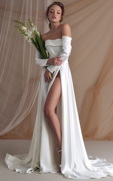 Sexy A Line Floor-length Long Sleeve Satin Off-the-shoulder Wedding Dress with Ruching