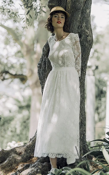 Long Sleeve Vintage Lace Tea-length Wedding Dress With Scoop Neck And V-back