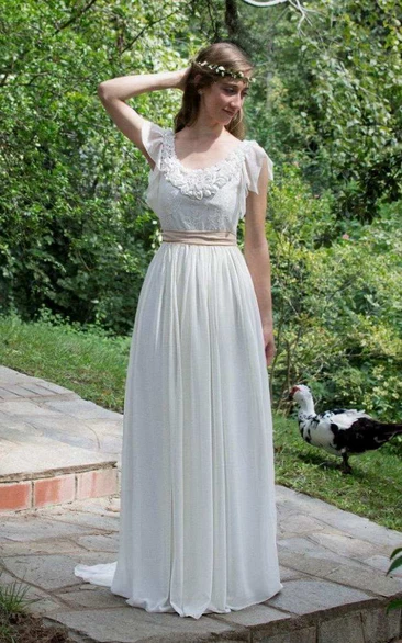 V-Neck Poet-Sleeve Chiffon Pleated Wedding Dress With Appliques And Flower