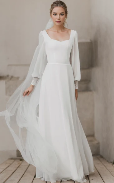 Simple Modest Classic A-line Long Poet Sleeve Satin Chiffon Wedding Dress Modern Minimalist Sweetheart Floor Length Bridal Gown