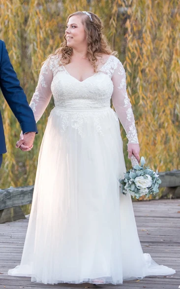 Modest Plus Size A-Line Long Sleeve for Chubby Arms Bridal Gown Lace Petal Wedding Dress