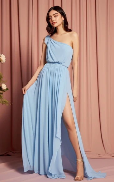 Chiffon Sleeveless 2023 A-Line Bridesmaid Dress with Split Front Floor-length Sweep Train One-shoulder Casual Sexy 