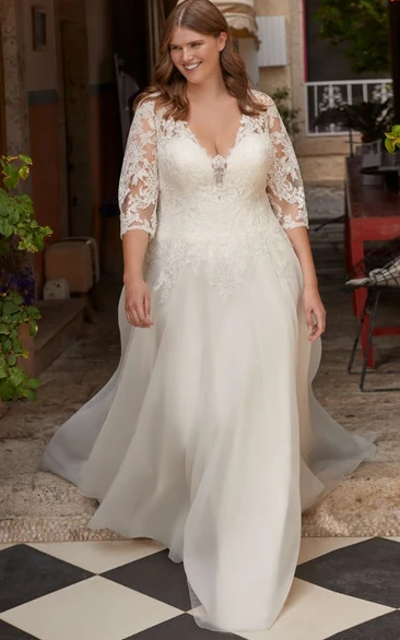 Romantic A Line Floor-length 3/4 Length Sleeve Lace V-neck Wedding Dress with Appliques