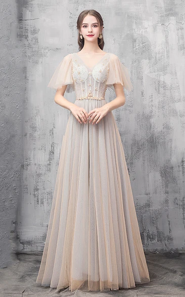 Ethereal Tulle Off-the-shoulder Sweetheart V-neck A Line