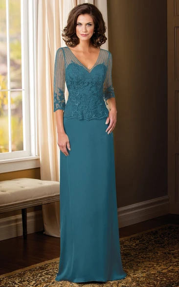 V-neck Illusion 3-4-sleeve Mother of the Bride MOB Dress With Lace