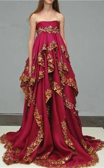 Delicate Burgundy Lace Appliques Evening Dress Ruffles Strapless
