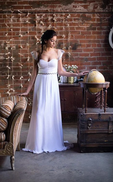 Violet Sequin Caplet Sleeve Sweetheart Neck Ruched A-Line Chiffon Wedding Gown With Beading