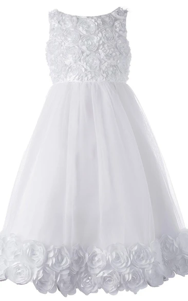 Sleeveless A-line Tulle Dress With Flowers and Pleat