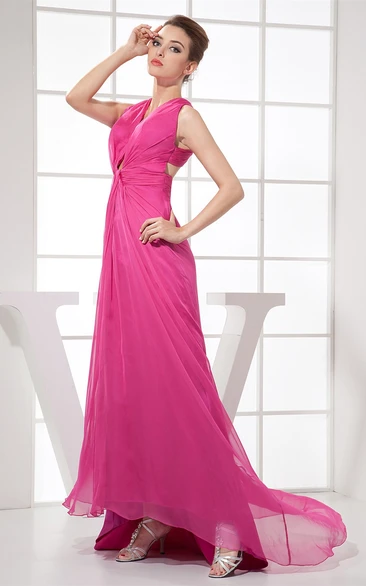 Plunged Sleeveless High-Low Chiffon Dress with Central Ruching