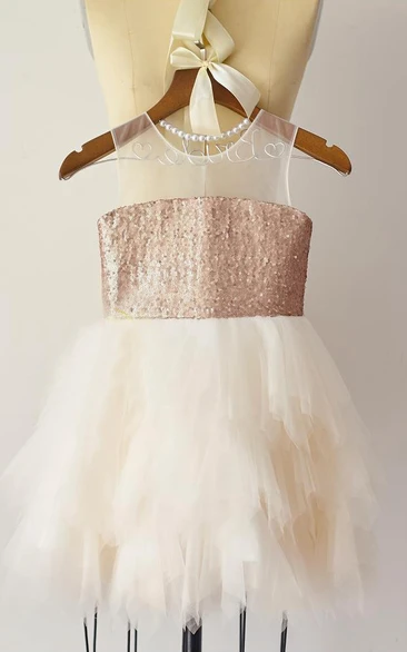 Sheer Neckline Sequin Bust Tulle Dress With Ruffles