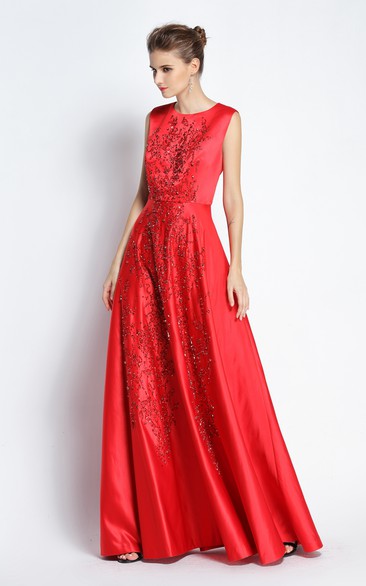 A-Line Jewel Sleeveless Floor-length Satin Prom Dress with Beading