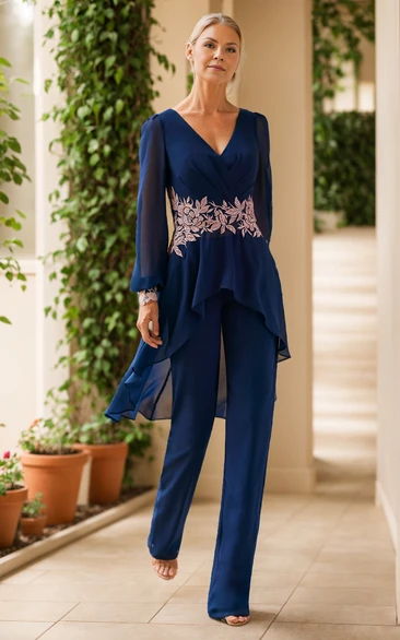 Two Piece Modern V-neck Chiffon Elegant Long Sleeve Lace Appliques Pleats Mother Evening Cocktail Dress with Zipper Back
