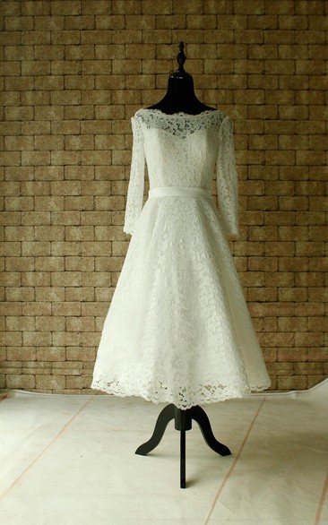Lace Wedding Sheer Neckline With Sleeves Tea Length Garden Bridal Dress