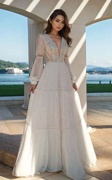 Bohemian A-Line Open Back Chiffon Elegant Country Wedding Dress