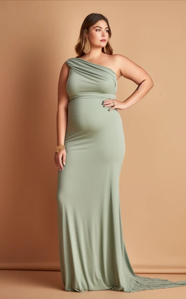 Plus Size Sheath Jersey Maternity Bridesmaid Dress Sleeveless Simple Casual Bohemian Elegant One-shoulder Floor-length