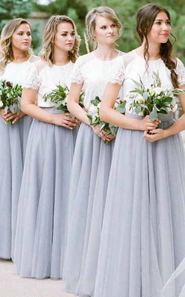 Ethereal A Line Lace Tulle Jewel Short Sleeve Bridesmaid Dress with Pleats