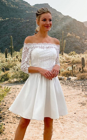 Modern A Line Lace 3/4 Length Sleeve Illusion Wedding Dress with Ruching