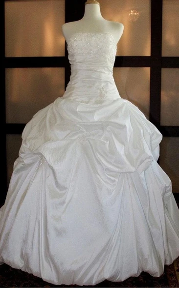 Strapless Dropped Waist Long Taffeta Wedding Dress With Sequins And Pick Up