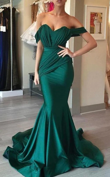 Sexy Mermaid Satin Off-the-shoulder Sweetheart Sleeveless Prom Dress with Ruffles