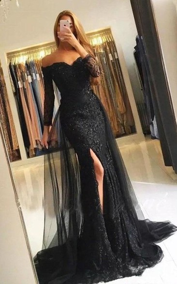 Sexy Mermaid Lace Tulle Off-the-shoulder 3/4 Length Sleeve Evening Dress with Appliques