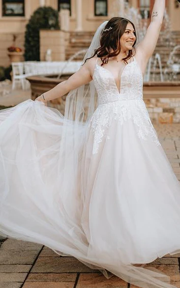 Elegant Plus Size Lace Wedding Dress Modest A-Line Sleeveless V-Neck Lace Gown